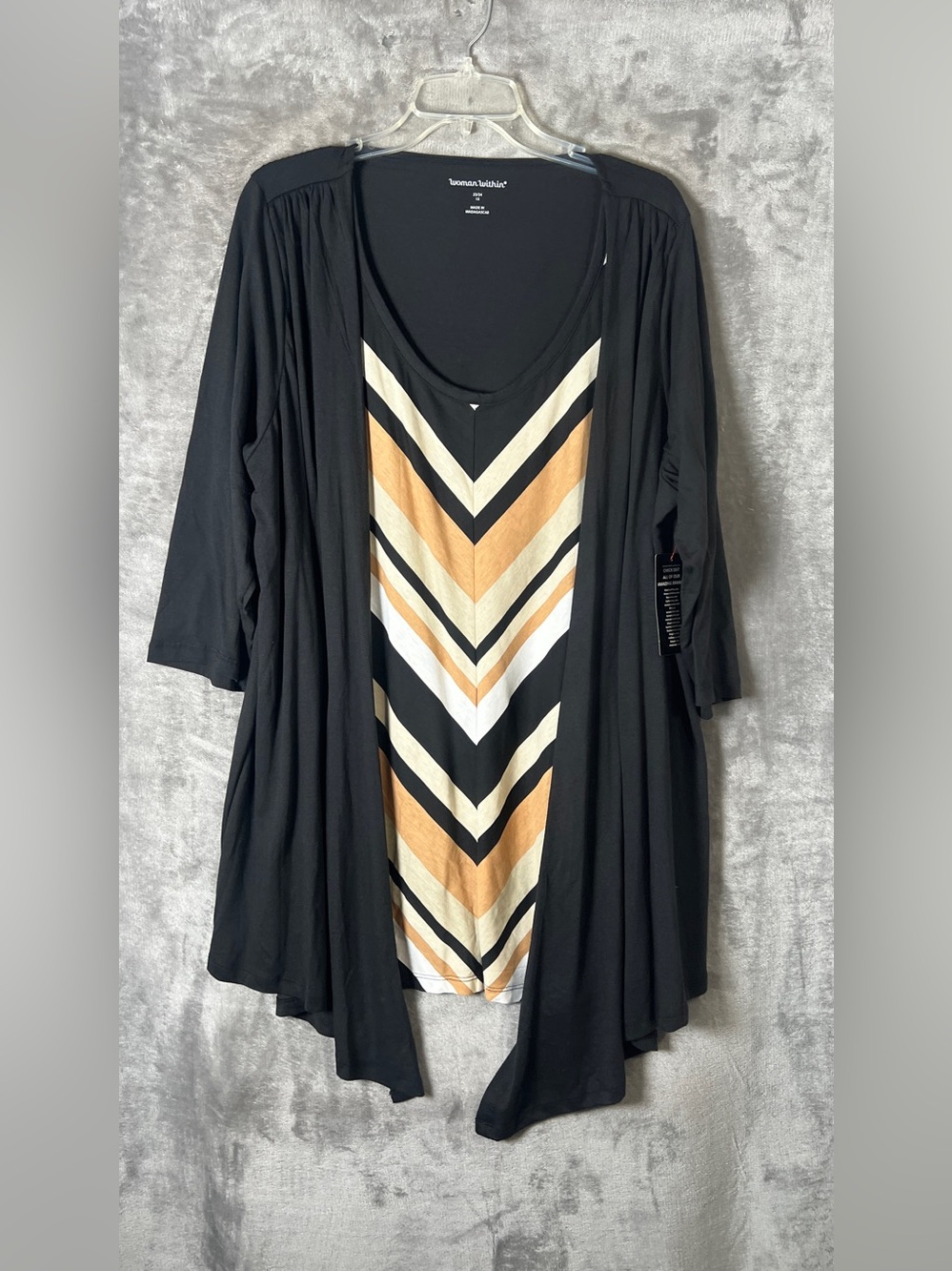 Woman Within Black Cardigan with Cream and Tan Chevron Tank
